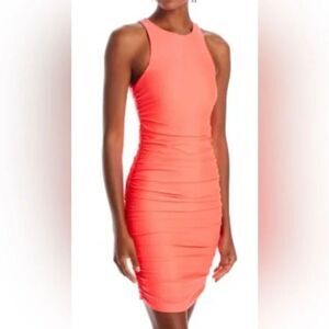 Kookai Australia size 2 (medium) coral bodycon rouched mini dress